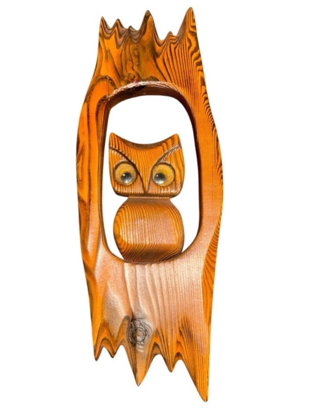 Vintage Burned Wood Owl Carved Green Mountain Wall Hanging Wall Decor Folk Art